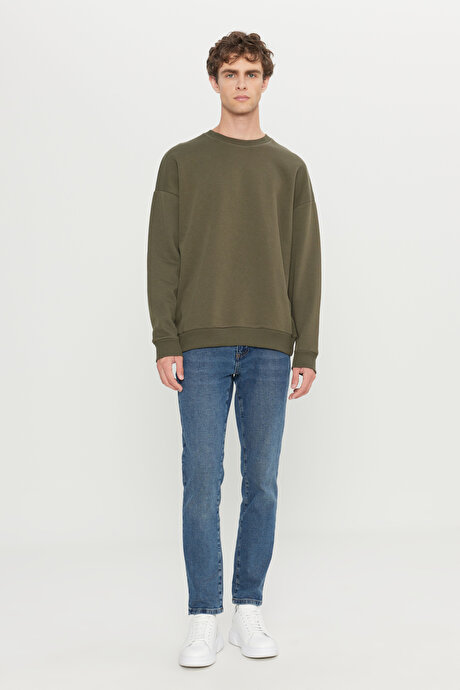 Oversize Bol Kesim İçi Polarlı 3 İplik Bisiklet Yaka Pamuklu Haki Sweatshirt resmi