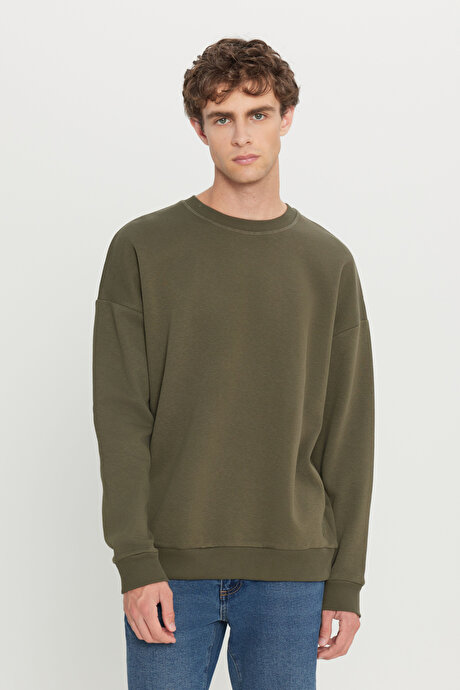 Oversize Bol Kesim İçi Polarlı 3 İplik Bisiklet Yaka Pamuklu Haki Sweatshirt resmi
