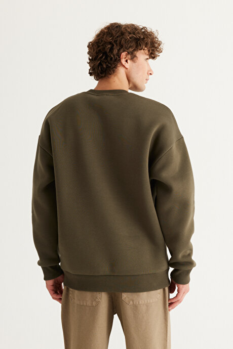 Oversize Bol Kesim İçi Polarlı 3 İplik Bisiklet Yaka Pamuklu Haki Sweatshirt resmi