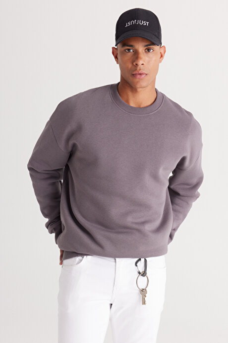 Oversize Bol Kesim İçi Polarlı 3 İplik Bisiklet Yaka Pamuklu Koyu Gri Sweatshirt resmi