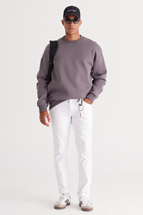 Oversize Bol Kesim İçi Polarlı 3 İplik Bisiklet Yaka Pamuklu Koyu Gri Sweatshirt resmi