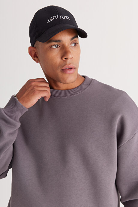 Oversize Bol Kesim İçi Polarlı 3 İplik Bisiklet Yaka Pamuklu Koyu Gri Sweatshirt resmi