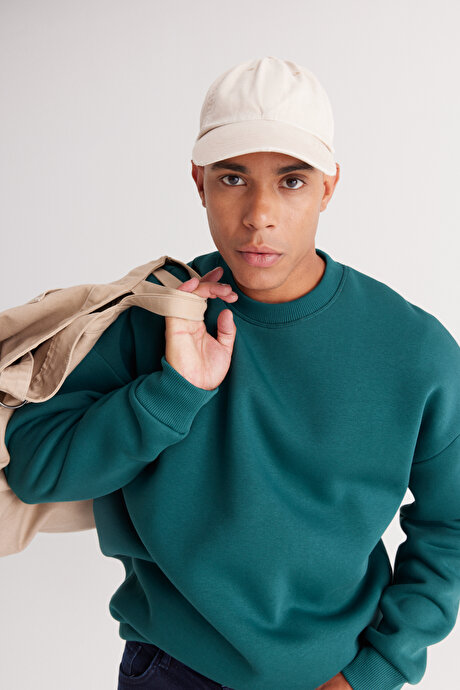 Oversize Bol Kesim İçi Polarlı 3 İplik Bisiklet Yaka Pamuklu Koyu Yeşil Sweatshirt resmi