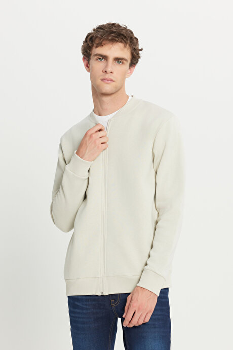 Standart Fit Normal Kesim İçi Polarlı Kolej Yaka Pamuklu Sweatshirt Bej Ceket resmi