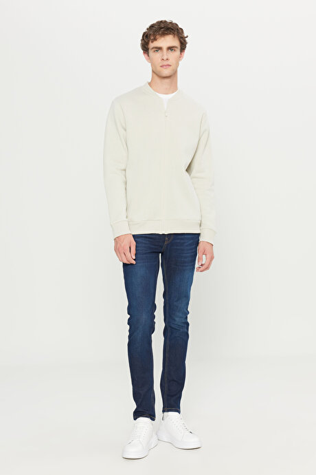 Standart Fit Normal Kesim İçi Polarlı Kolej Yaka Pamuklu Sweatshirt Bej Ceket resmi