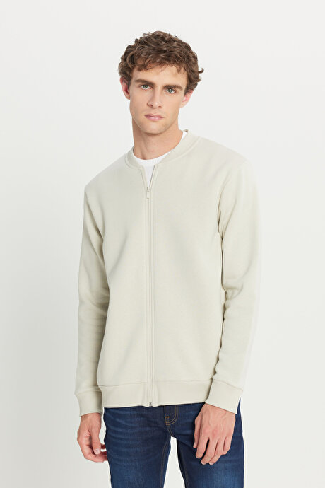 Standart Fit Normal Kesim İçi Polarlı Kolej Yaka Pamuklu Sweatshirt Bej Ceket resmi