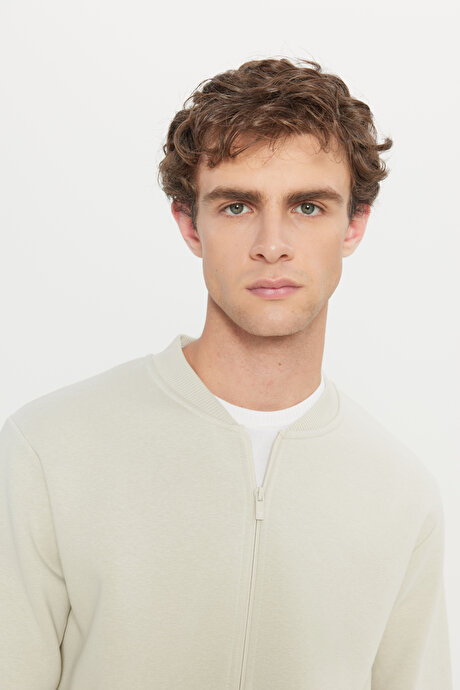 Standart Fit Normal Kesim İçi Polarlı Kolej Yaka Pamuklu Sweatshirt Bej Ceket resmi