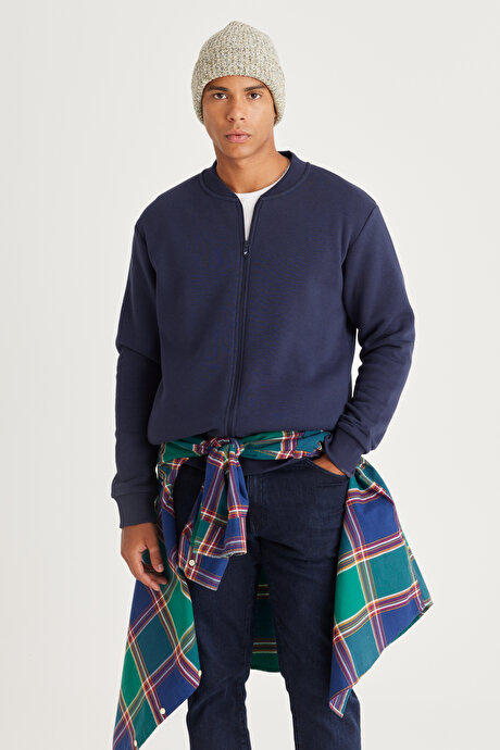 Standart Fit Normal Kesim İçi Polarlı Kolej Yaka Pamuklu Sweatshirt Lacivert Ceket resmi