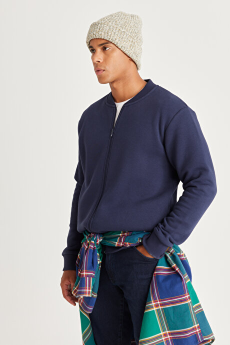 Standart Fit Normal Kesim İçi Polarlı Kolej Yaka Pamuklu Sweatshirt Lacivert Ceket resmi