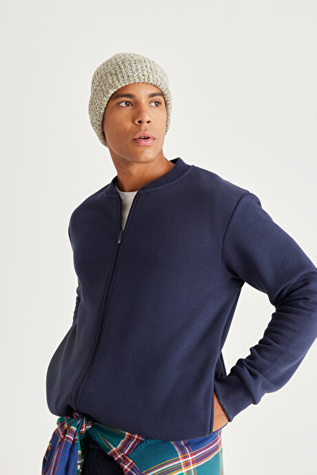 Standart Fit Normal Kesim İçi Polarlı Kolej Yaka Pamuklu Sweatshirt Lacivert Ceket resmi