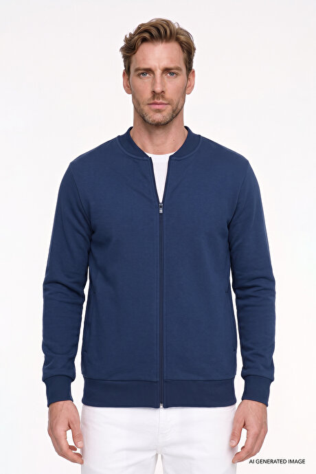 Standart Fit Normal Kesim İçi Polarlı Kolej Yaka Pamuklu Sweatshirt Lacivert Ceket resmi