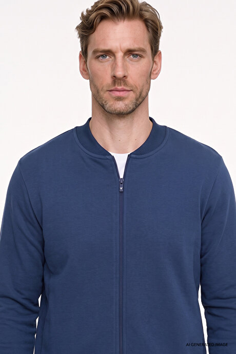 Standart Fit Normal Kesim İçi Polarlı Kolej Yaka Pamuklu Sweatshirt Lacivert Ceket resmi