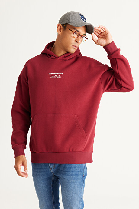 Oversize Fit Bol Kesim Kapüşonlu İçi Polarlı Pamuklu Bordo Sweatshirt resmi