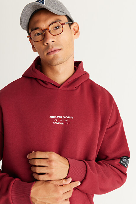 Oversize Fit Bol Kesim Kapüşonlu İçi Polarlı Pamuklu Bordo Sweatshirt resmi