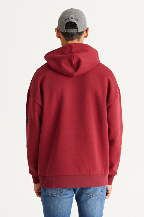 Oversize Fit Bol Kesim Kapüşonlu İçi Polarlı Pamuklu Bordo Sweatshirt resmi