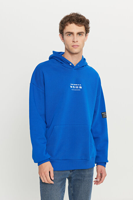Oversize Fit Bol Kesim Kapüşonlu İçi Polarlı Pamuklu Mavi Sweatshirt resmi