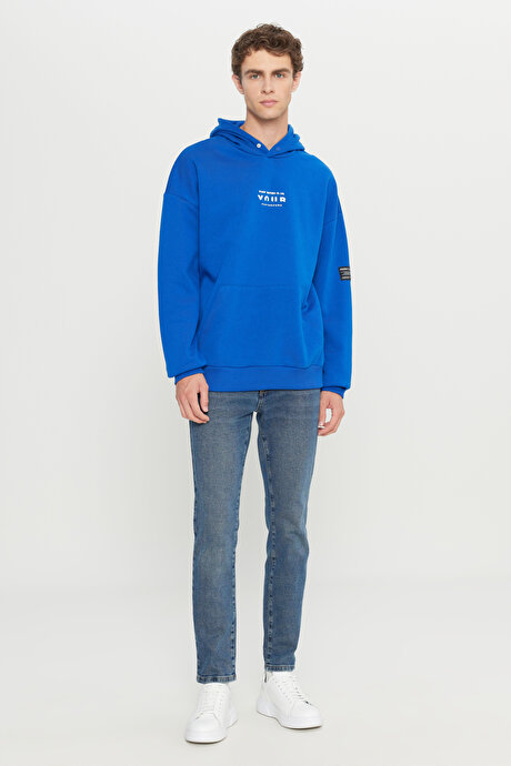 Oversize Fit Bol Kesim Kapüşonlu İçi Polarlı Pamuklu Mavi Sweatshirt resmi