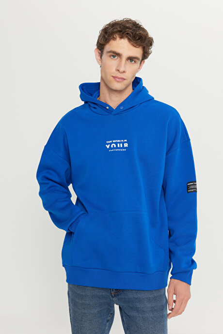 Oversize Fit Bol Kesim Kapüşonlu İçi Polarlı Pamuklu Mavi Sweatshirt resmi