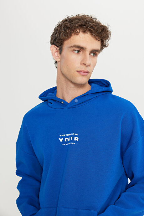 Oversize Fit Bol Kesim Kapüşonlu İçi Polarlı Pamuklu Mavi Sweatshirt resmi