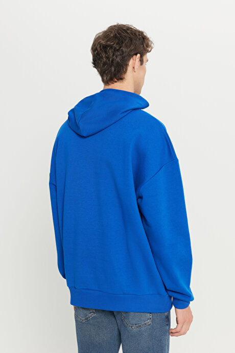 Oversize Fit Bol Kesim Kapüşonlu İçi Polarlı Pamuklu Mavi Sweatshirt resmi