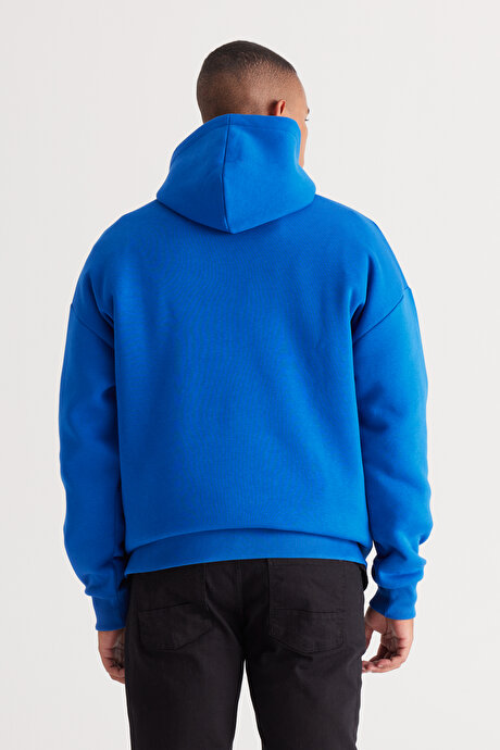 Oversize Fit Bol Kesim Kapüşonlu İçi Polarlı Pamuklu Mavi Sweatshirt resmi