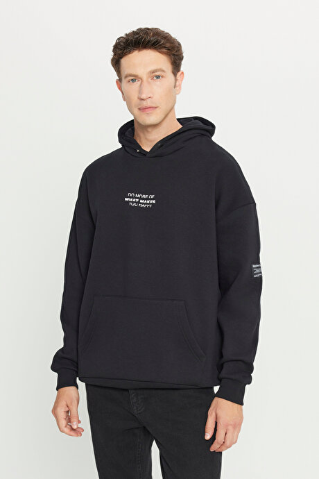 Oversize Fit Bol Kesim Kapüşonlu İçi Polarlı Pamuklu Siyah Sweatshirt resmi