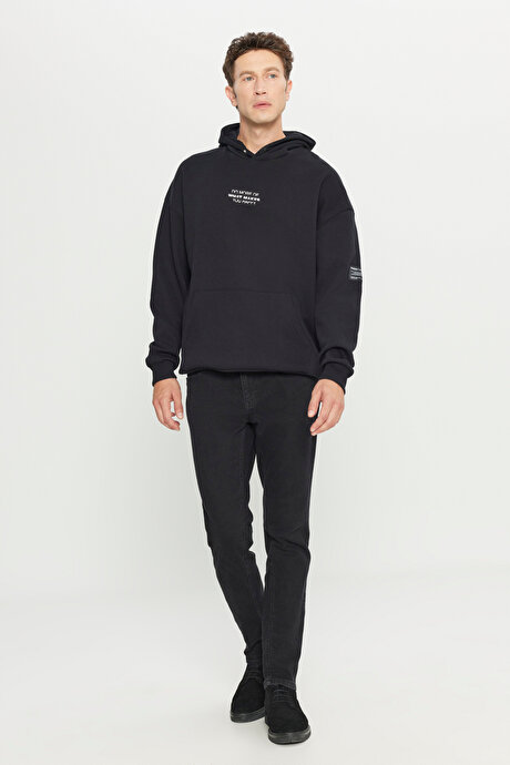 Oversize Fit Bol Kesim Kapüşonlu İçi Polarlı Pamuklu Siyah Sweatshirt resmi
