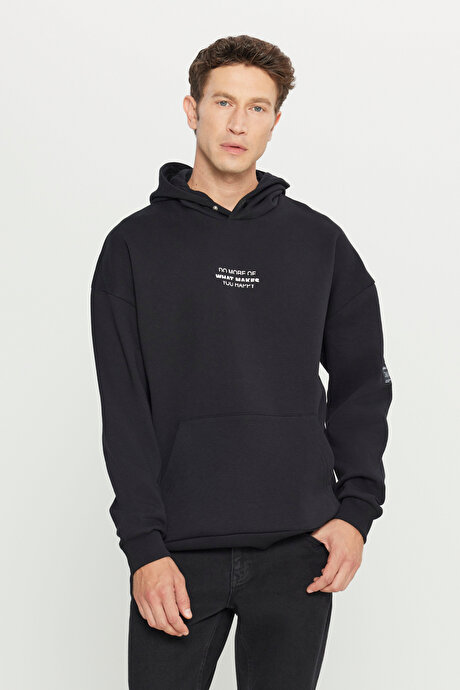 Oversize Fit Bol Kesim Kapüşonlu İçi Polarlı Pamuklu Siyah Sweatshirt resmi