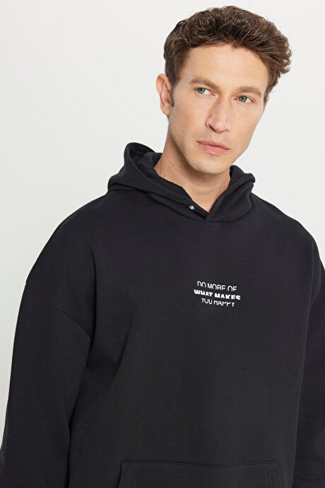 Oversize Fit Bol Kesim Kapüşonlu İçi Polarlı Pamuklu Siyah Sweatshirt resmi