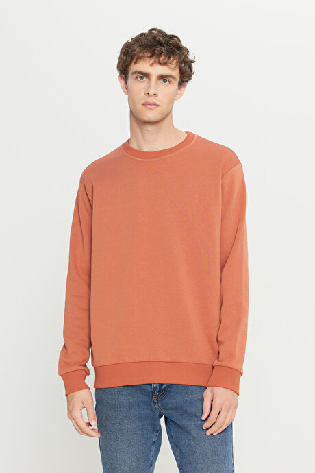 Standart Fit Normal Kesim İçi Polarlı 3 İplik Bisiklet Yaka Pamuklu Açık Kahve Sweatshirt resmi