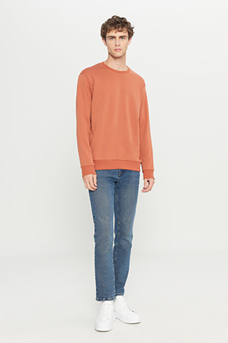 Standart Fit Normal Kesim İçi Polarlı 3 İplik Bisiklet Yaka Pamuklu Açık Kahve Sweatshirt resmi