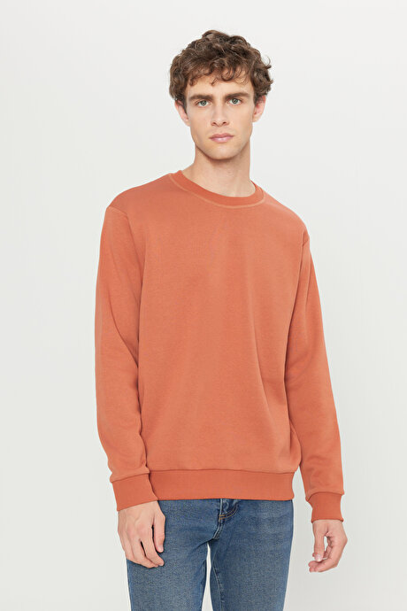 Standart Fit Normal Kesim İçi Polarlı 3 İplik Bisiklet Yaka Pamuklu Açık Kahve Sweatshirt resmi