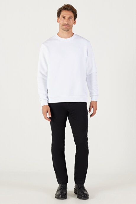 Standart Fit Normal Kesim İçi Polarlı 3 İplik Bisiklet Yaka Pamuklu Beyaz Sweatshirt resmi