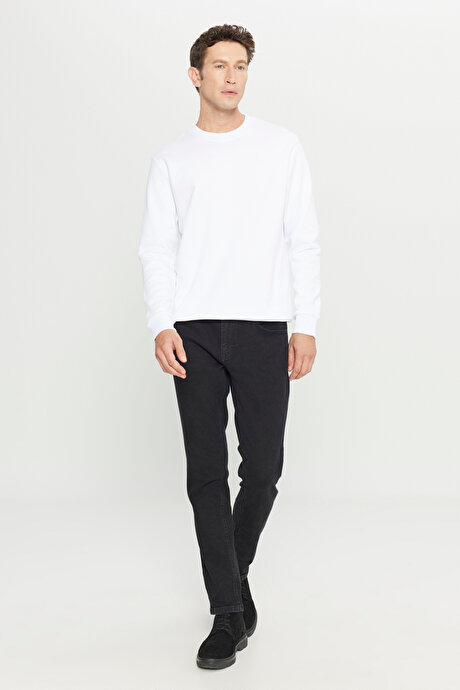 Standart Fit Normal Kesim İçi Polarlı 3 İplik Bisiklet Yaka Pamuklu Beyaz Sweatshirt resmi