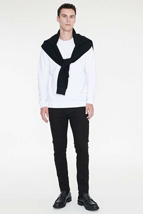 Standart Fit Normal Kesim İçi Polarlı 3 İplik Bisiklet Yaka Pamuklu Beyaz Sweatshirt resmi