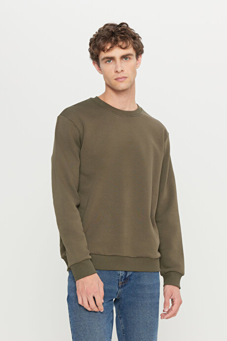 Standart Fit Normal Kesim İçi Polarlı 3 İplik Bisiklet Yaka Pamuklu Haki Sweatshirt resmi