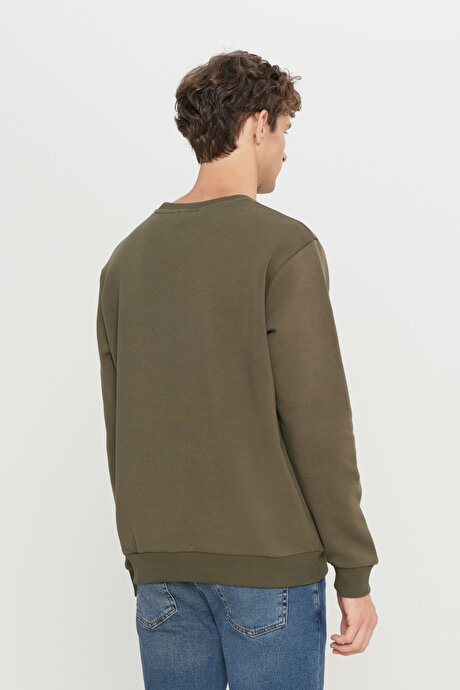 Standart Fit Normal Kesim İçi Polarlı 3 İplik Bisiklet Yaka Pamuklu Haki Sweatshirt resmi