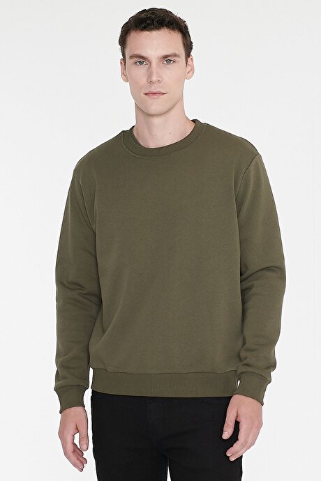 Standart Fit Normal Kesim İçi Polarlı 3 İplik Bisiklet Yaka Pamuklu Haki Sweatshirt resmi