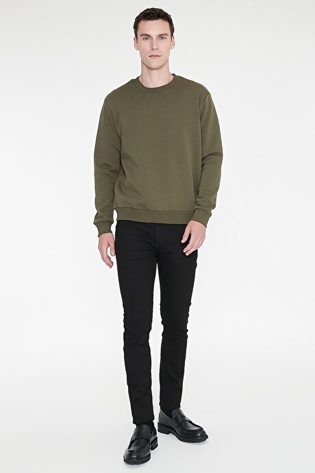 Standart Fit Normal Kesim İçi Polarlı 3 İplik Bisiklet Yaka Pamuklu Haki Sweatshirt resmi