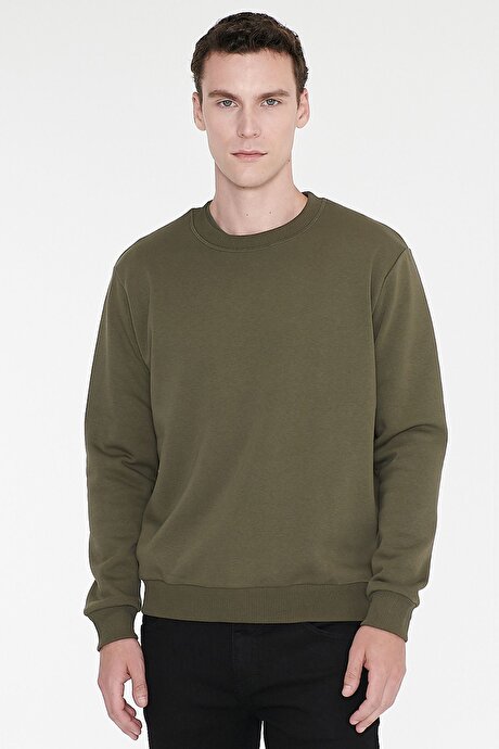 Standart Fit Normal Kesim İçi Polarlı 3 İplik Bisiklet Yaka Pamuklu Haki Sweatshirt resmi