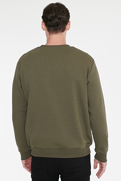Standart Fit Normal Kesim İçi Polarlı 3 İplik Bisiklet Yaka Pamuklu Haki Sweatshirt resmi