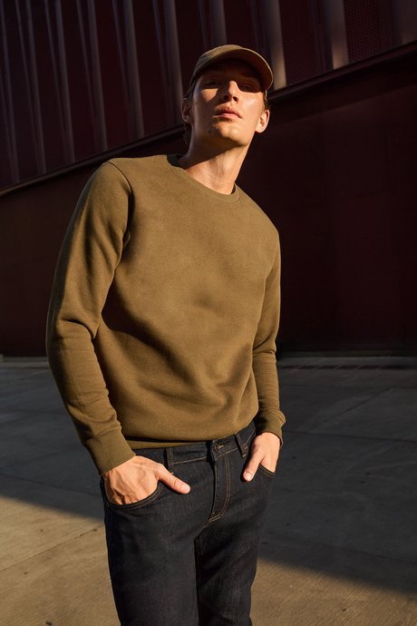 Standart Fit Normal Kesim İçi Polarlı 3 İplik Bisiklet Yaka Pamuklu Haki Sweatshirt resmi
