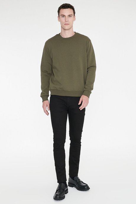 Standart Fit Normal Kesim İçi Polarlı 3 İplik Bisiklet Yaka Pamuklu Haki Sweatshirt resmi