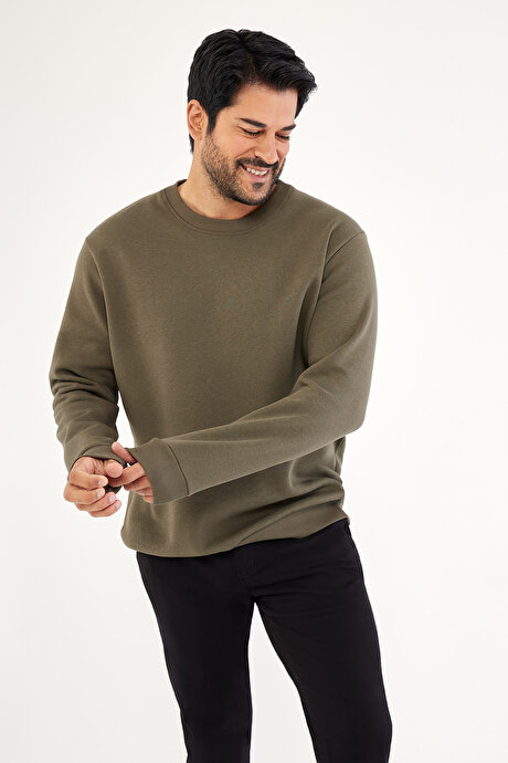 Standart Fit Normal Kesim İçi Polarlı 3 İplik Bisiklet Yaka Pamuklu Haki Sweatshirt resmi