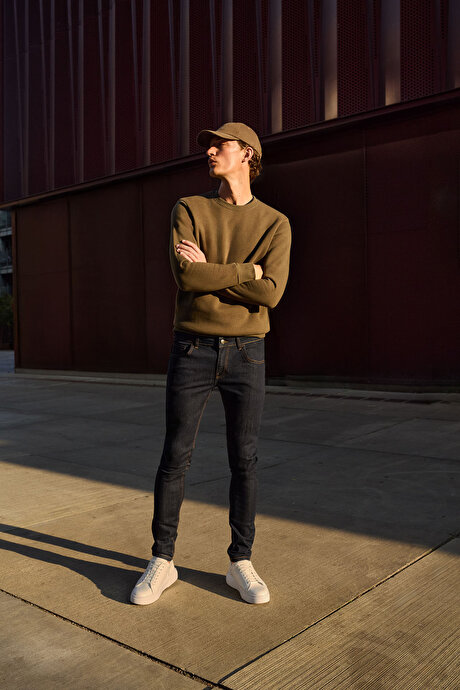 Standart Fit Normal Kesim İçi Polarlı 3 İplik Bisiklet Yaka Pamuklu Haki Sweatshirt resmi