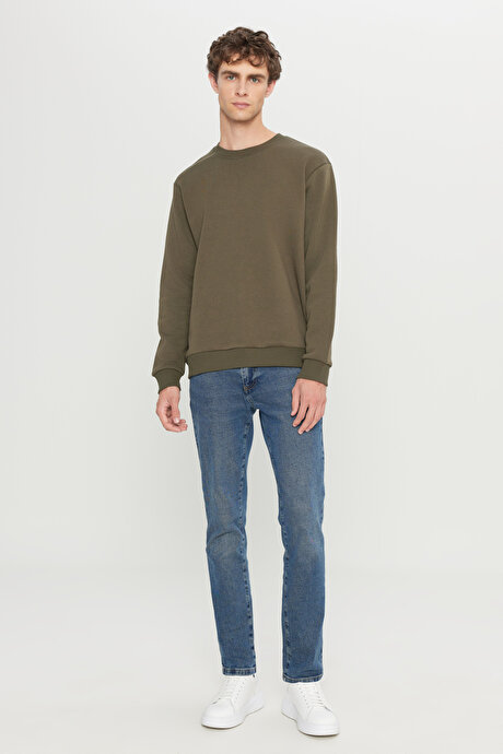 Standart Fit Normal Kesim İçi Polarlı 3 İplik Bisiklet Yaka Pamuklu Haki Sweatshirt resmi