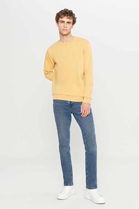 Standart Fit Normal Kesim İçi Polarlı 3 İplik Bisiklet Yaka Pamuklu Hardal Sweatshirt resmi