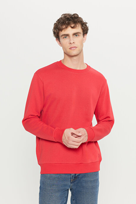 Standart Fit Normal Kesim İçi Polarlı 3 İplik Bisiklet Yaka Pamuklu Kırmızı Sweatshirt resmi
