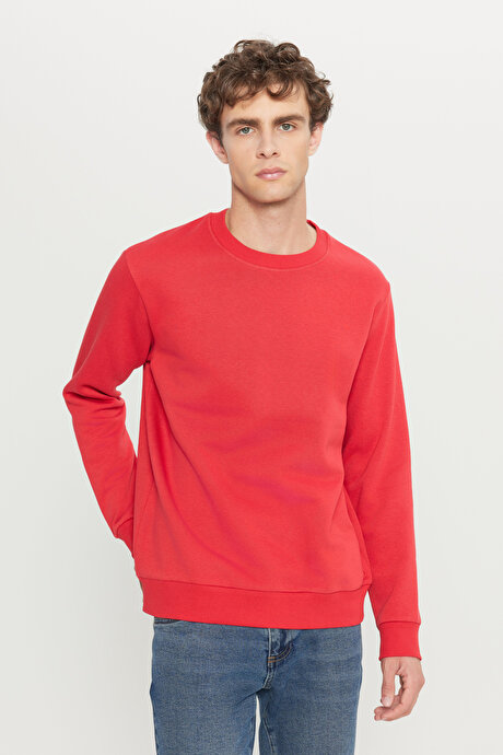 Standart Fit Normal Kesim İçi Polarlı 3 İplik Bisiklet Yaka Pamuklu Kırmızı Sweatshirt resmi