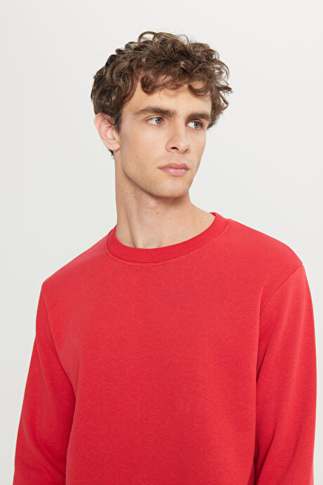 Standart Fit Normal Kesim İçi Polarlı 3 İplik Bisiklet Yaka Pamuklu Kırmızı Sweatshirt resmi